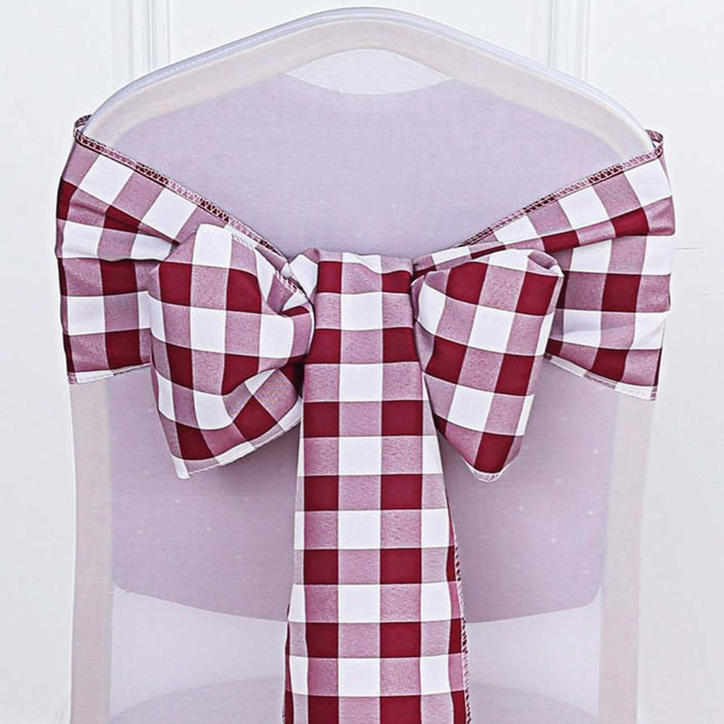 5 Pack Polyester Chair Sashes Burgundy/White Buffalo Plaid - Durable & Reusable Chair Bows 6"x108"