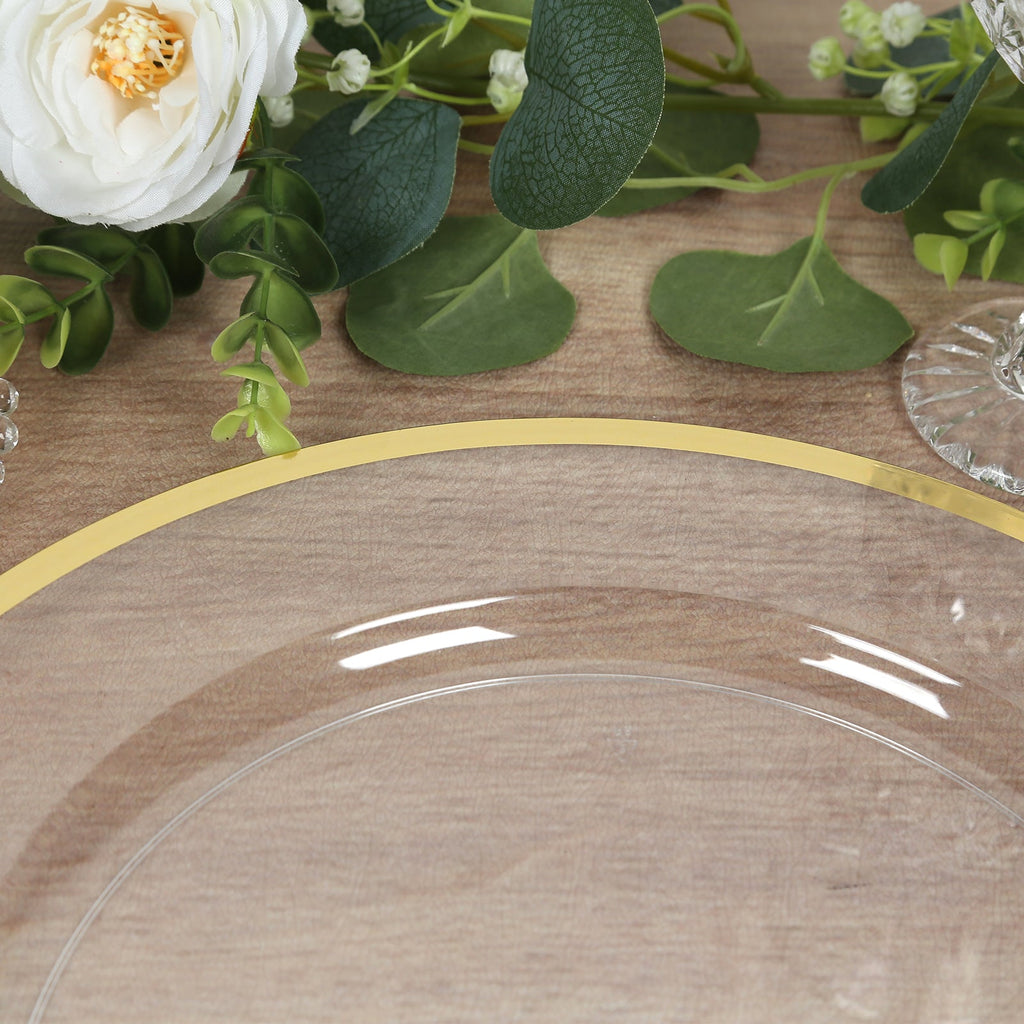 10-Pack Economy Plastic Round Charger Plates 12" in Clear with Wide Gold Rim, Decorative Dinner Party Serving Plates