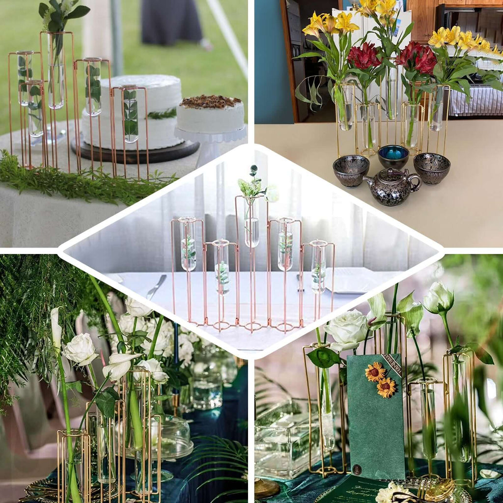Set of 5 Wedding Centerpieces Gold Frame Conjoined Geometric Design - Test Tube Hydroponic Vases 12"