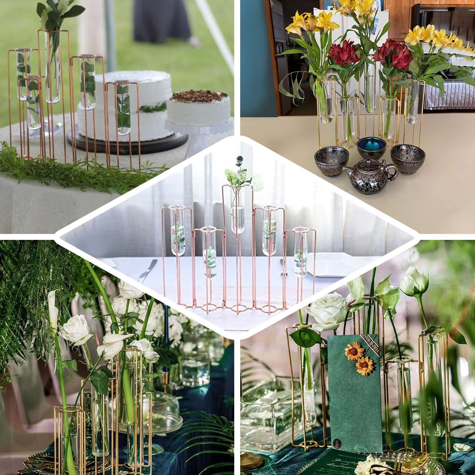 Set of 5 Wedding Centerpieces Gold Frame Conjoined Geometric Design - Test Tube Hydroponic Vases 12"