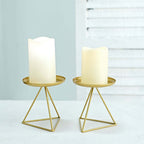 2-Pack Pillar Candle Holders Gold Metal Geometric Triangle Base Design - Decorative Centerpiece 5"