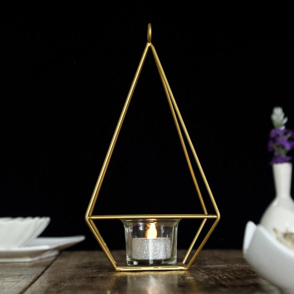 2-Pack Tealight Candle Holders Gold Metal Pyramid Geometric Open Frame - Flower Stand 9"