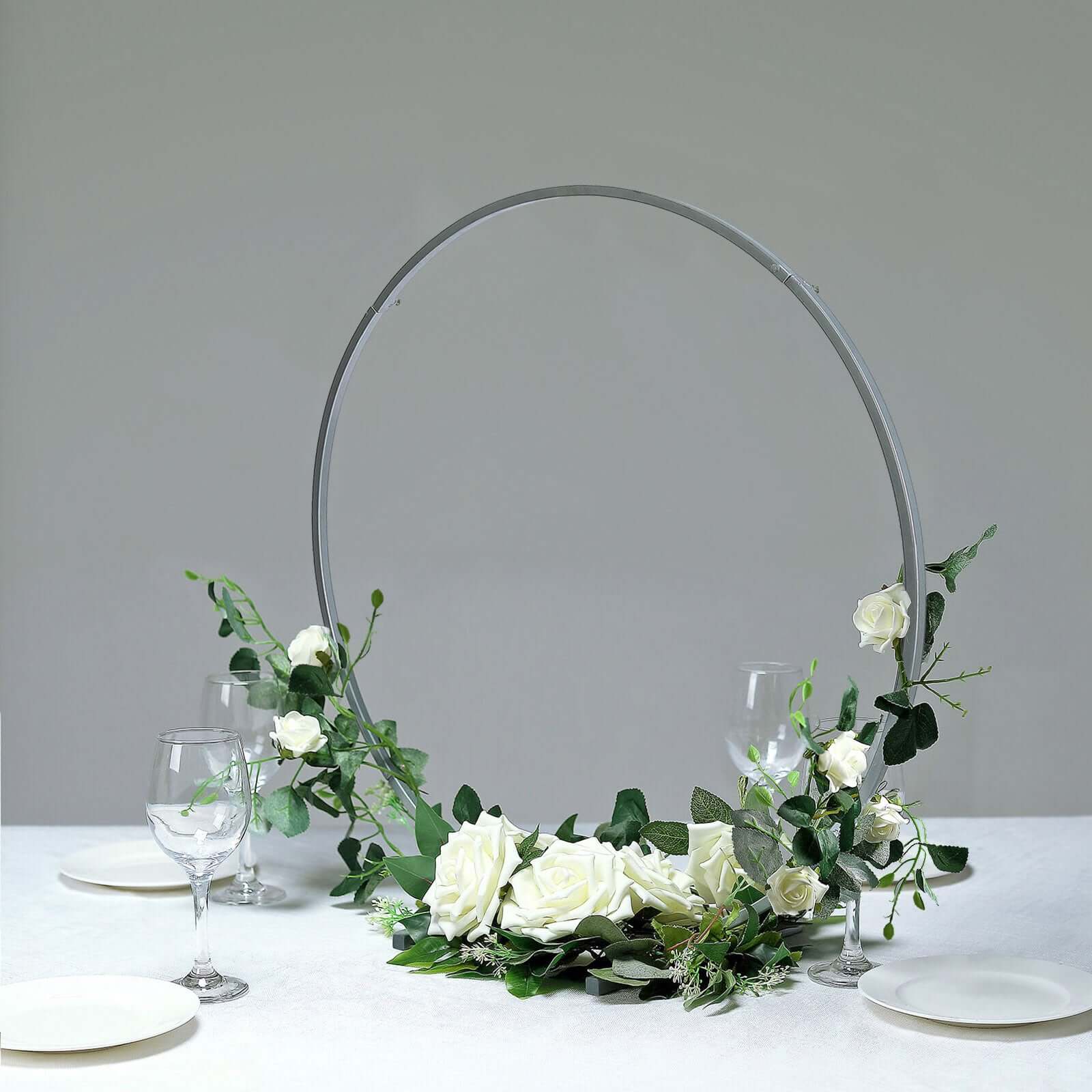 24" Silver Round Arch Wedding Centerpiece, Metal Hoop Wreath Tabletop Decor