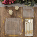 10-Pack Plastic 7" Square Dessert Plates in Clear with Gold Rim - Classy Disposable Appetizer Salad Plates