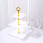 3-Tier Plastic Square Cupcake Stand Tower White - Charming Disposable Dessert Display Serving Tray Platter with Heart Wavy Edge & Gold Top Handle for Tea Parties Weddings & Special Occasions 13"
