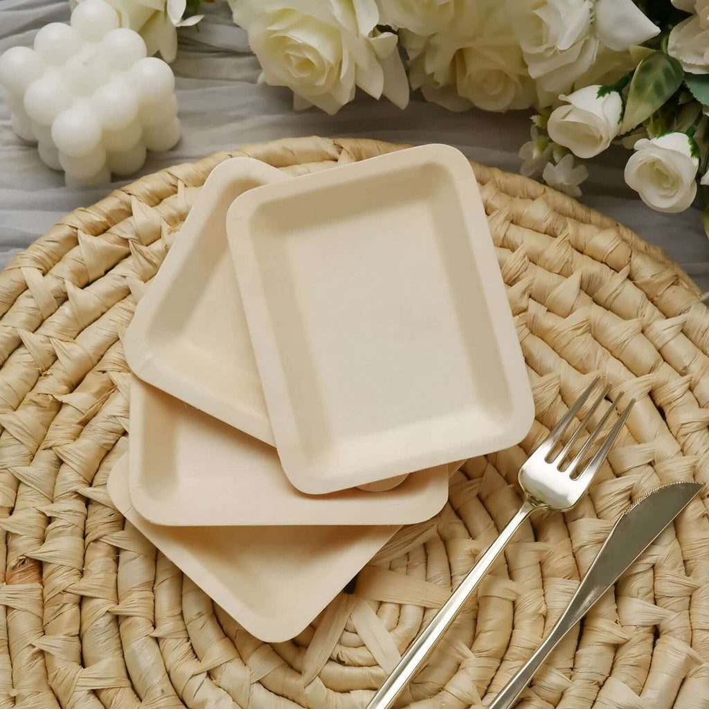 25-Pack Birchwood 4"x5" Rectangle Dessert Plates - Natural Eco Friendly Wooden Disposable Plates for Farmhouse-Style Events, Parties & Gatherings