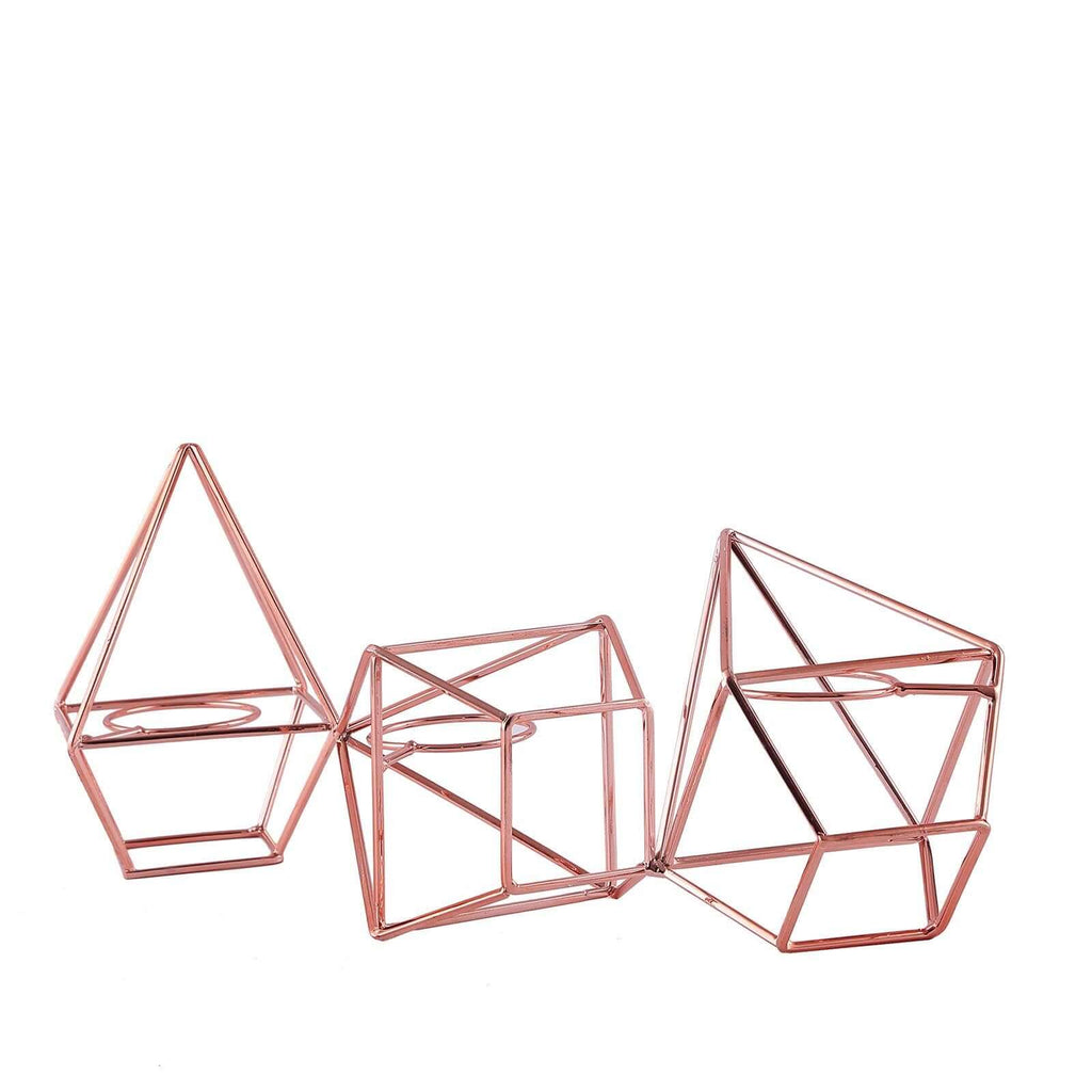 Set of Metal Candle Holders Linked Geometric Design Rose Gold - Modern Votive Glass Decor for Tables & Gatherings 16"