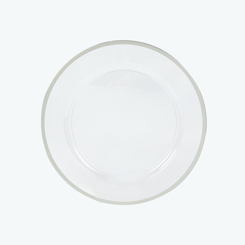 10-Pack Economy Plastic Round Charger Plates 12" in Clear with Wide Silver Rim, Decorative Dinner Party Serving Plates