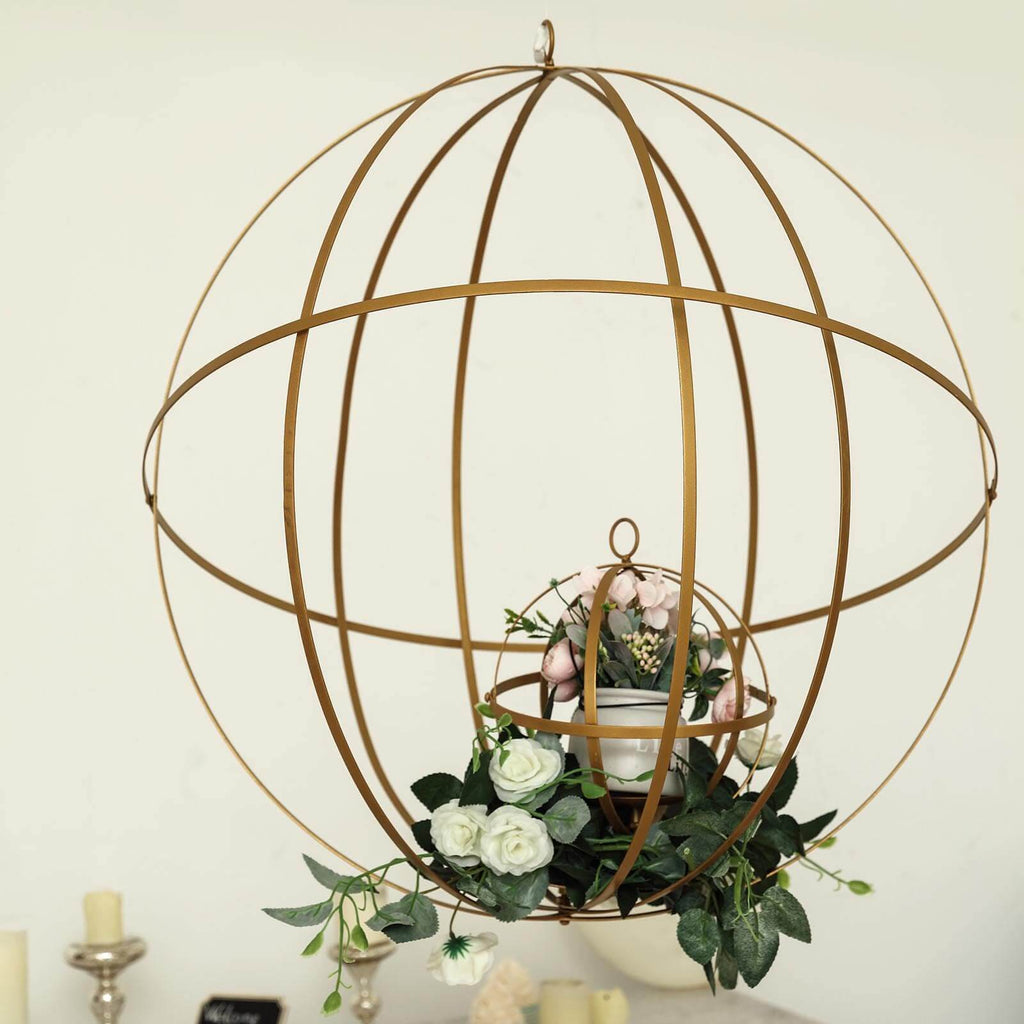 Hanging Sphere Candle Holder Gold Wrought Iron Open Frame Floral Display - Centerpiece Ball 12"
