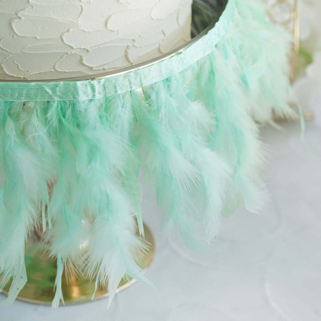 39" Mint Real Turkey Feather Fringe Trim With Satin Ribbon Tape