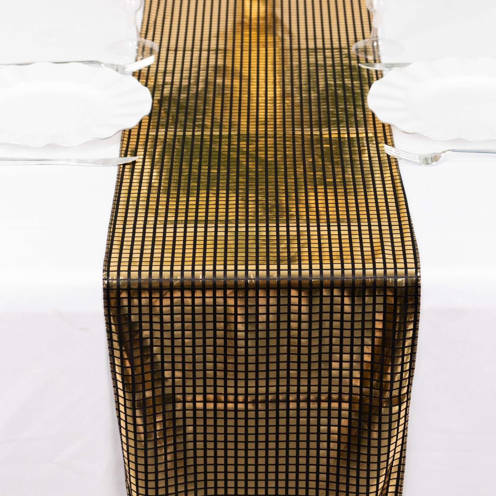 Mirror Foil Polyester 12"x108" Table Runner Black with Gold Metallic Square - Shiny Disco Theme Party Table Decor - Bell Racket Store