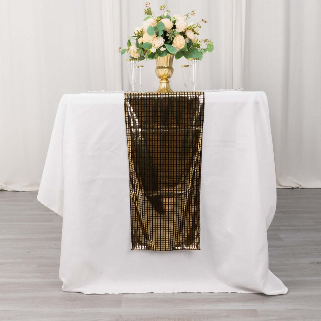 Mirror Foil Polyester 12"x108" Table Runner Black with Gold Metallic Square - Shiny Disco Theme Party Table Decor - Bell Racket Store