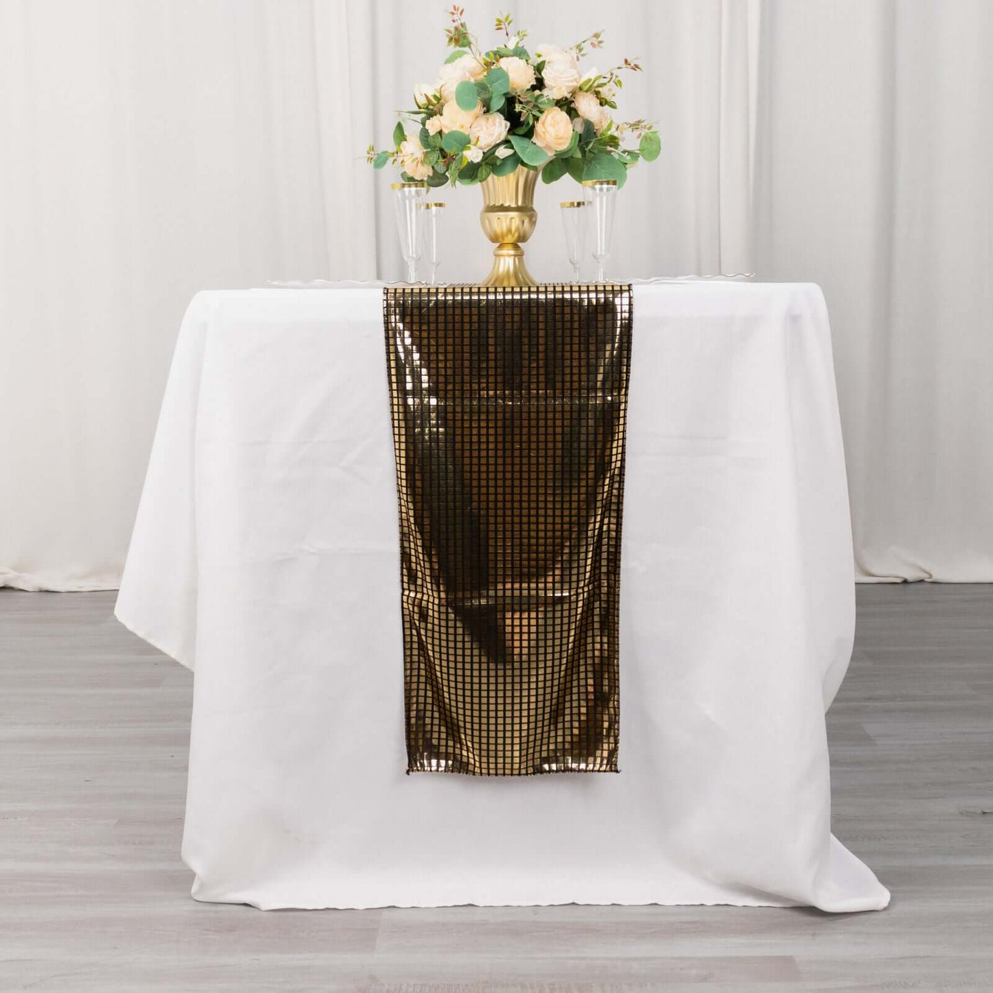 Mirror Foil Polyester 12"x108" Table Runner Black with Gold Metallic Square - Shiny Disco Theme Party Table Decor - Bell Racket Store