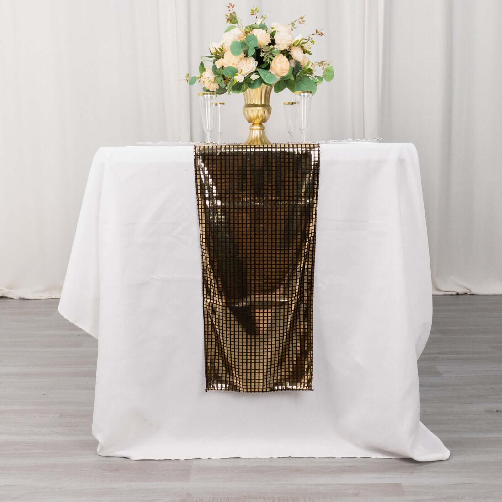 Mirror Foil Polyester 12"x108" Table Runner Black with Gold Metallic Square - Shiny Disco Theme Party Table Decor - Bell Racket Store