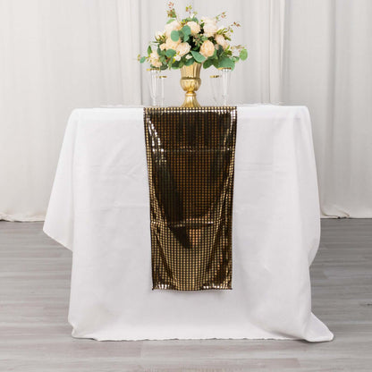 Mirror Foil Polyester 12"x108" Table Runner Black with Gold Metallic Square - Shiny Disco Theme Party Table Decor - Bell Racket Store