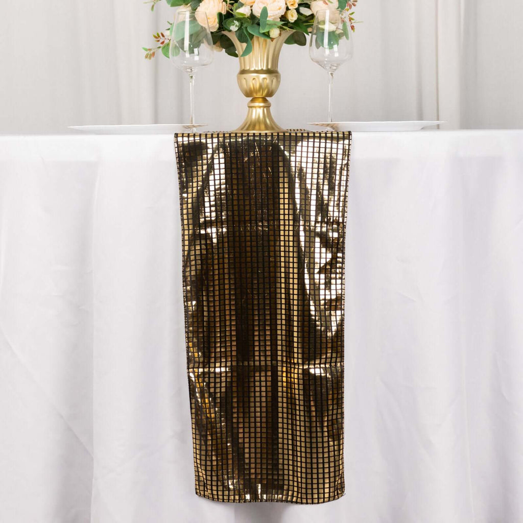 Mirror Foil Polyester 12"x108" Table Runner Black with Gold Metallic Square - Shiny Disco Theme Party Table Decor - Bell Racket Store