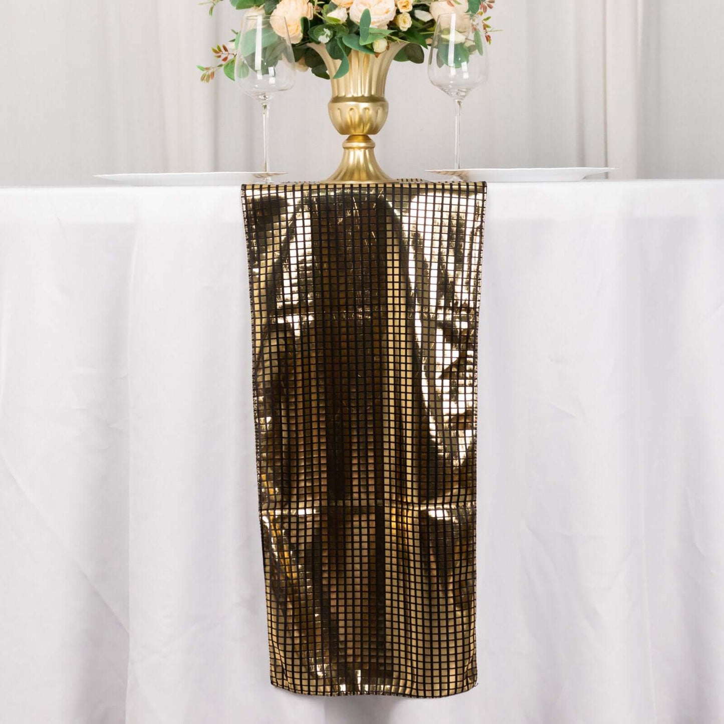 Mirror Foil Polyester 12"x108" Table Runner Black with Gold Metallic Square - Shiny Disco Theme Party Table Decor - Bell Racket Store