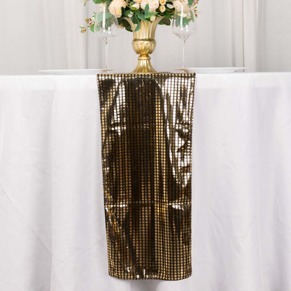 Mirror Foil Polyester 12"x108" Table Runner Black with Gold Metallic Square - Shiny Disco Theme Party Table Decor - Bell Racket Store