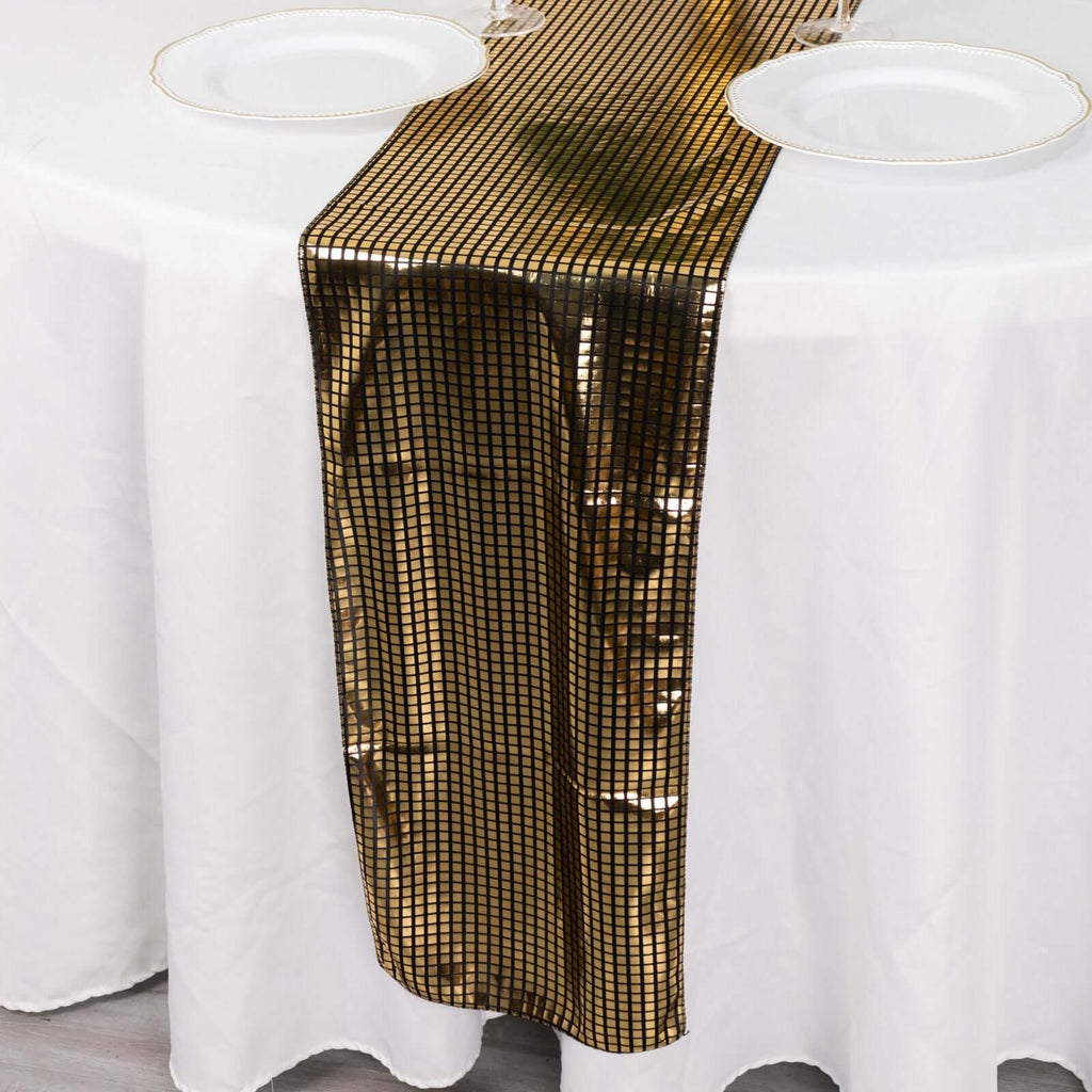 Mirror Foil Polyester 12"x108" Table Runner Black with Gold Metallic Square - Shiny Disco Theme Party Table Decor - Bell Racket Store