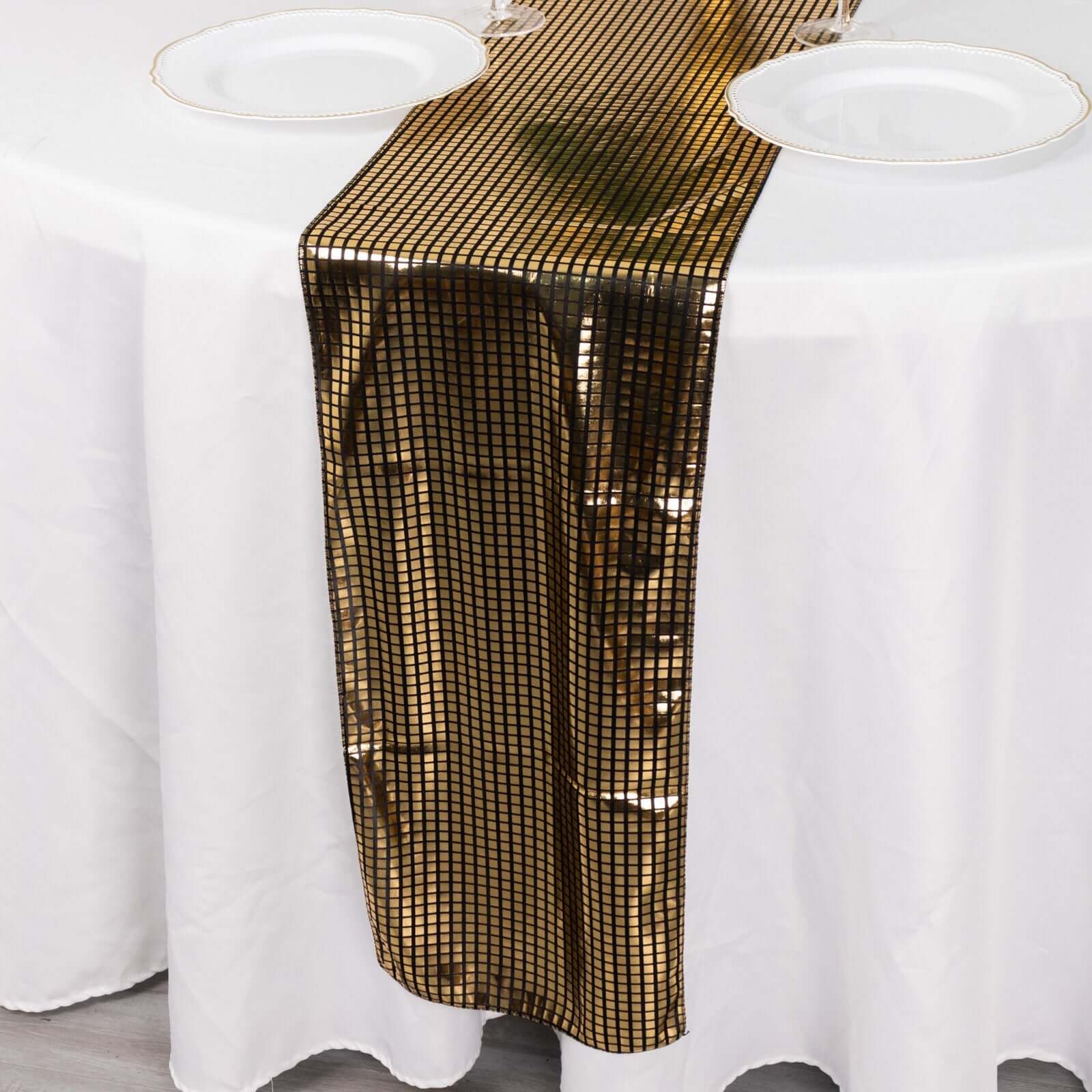 Mirror Foil Polyester 12"x108" Table Runner Black with Gold Metallic Square - Shiny Disco Theme Party Table Decor - Bell Racket Store