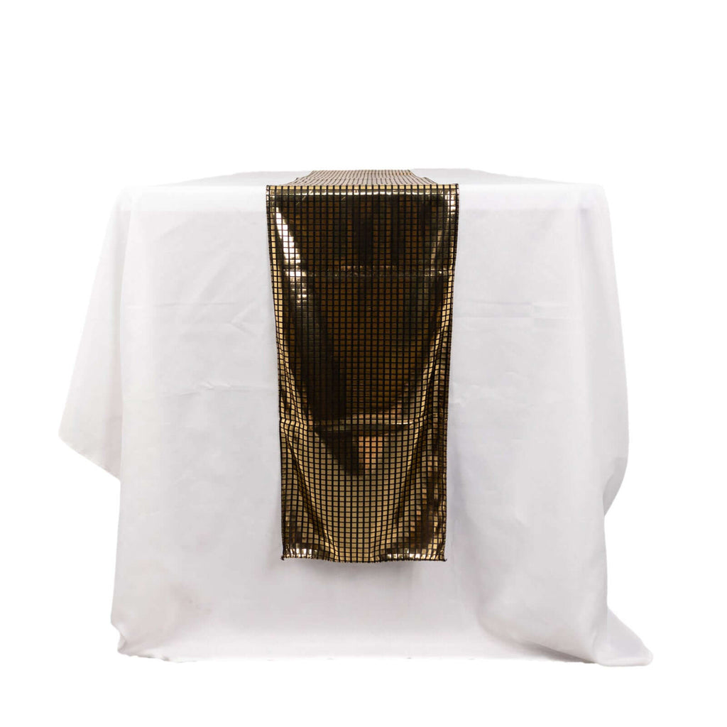 Mirror Foil Polyester 12"x108" Table Runner Black with Gold Metallic Square - Shiny Disco Theme Party Table Decor - Bell Racket Store