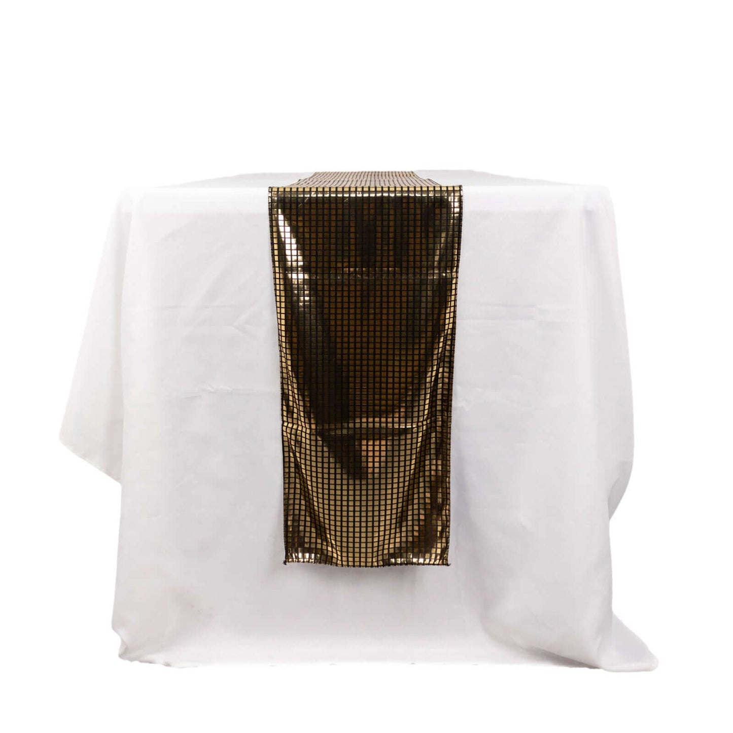 Mirror Foil Polyester 12"x108" Table Runner Black with Gold Metallic Square - Shiny Disco Theme Party Table Decor - Bell Racket Store