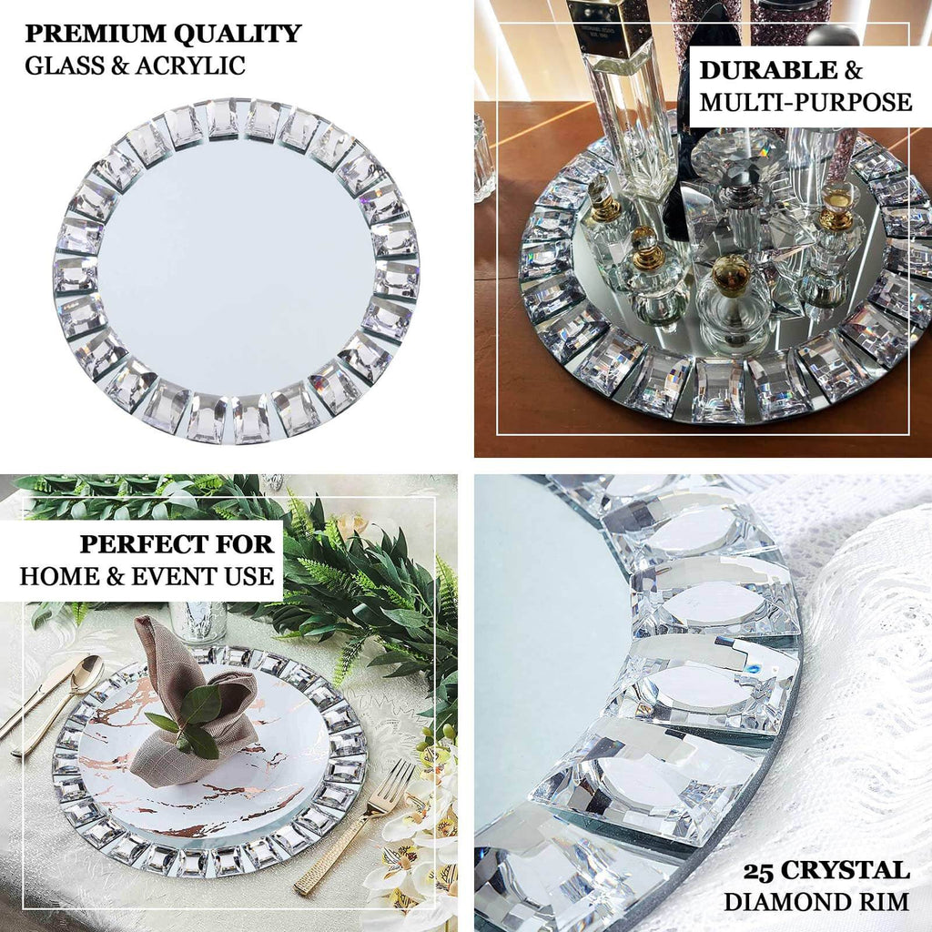 2-Pack Glass Mirror Round Charger Plates 13" in Silver with Jeweled Rim - Premium Decorative Dinner Party Charger Tableware