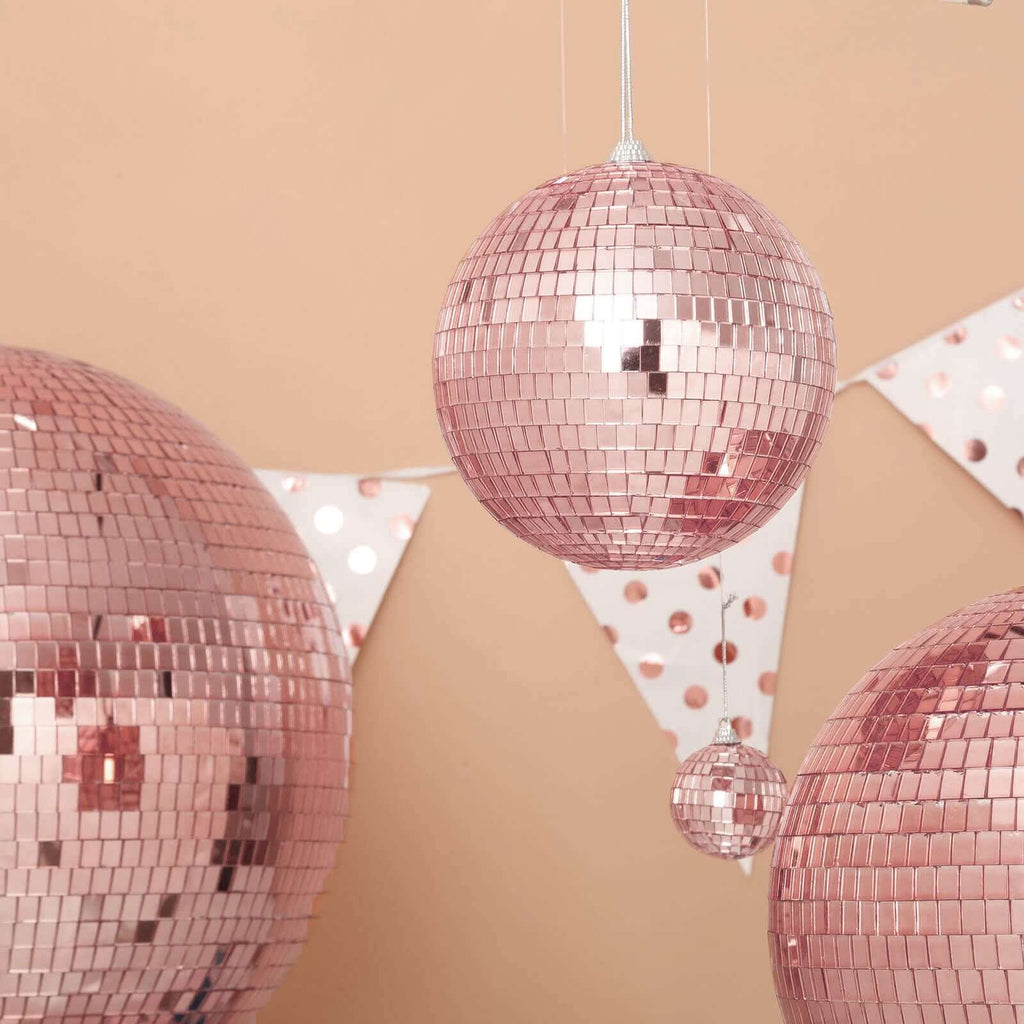 4 Pack 6" Rose Gold Foam Disco Mirror Ball With Hanging Strings, Holiday Christmas Ornaments