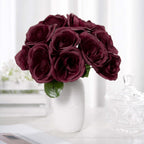 12" Burgundy Artificial Velvet-Like Fabric Rose Flower Bouquet Bush
