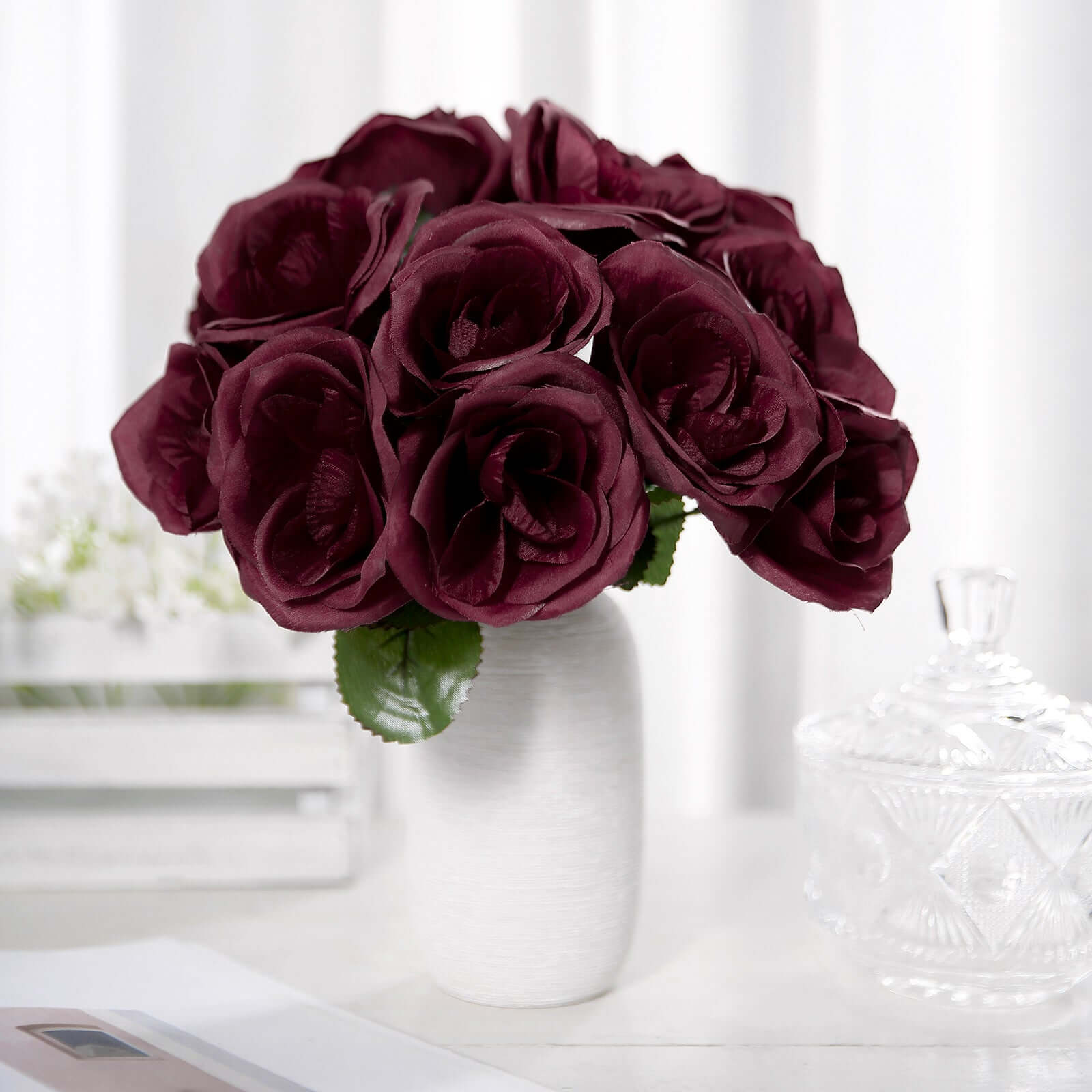 12" Burgundy Artificial Velvet-Like Fabric Rose Flower Bouquet Bush