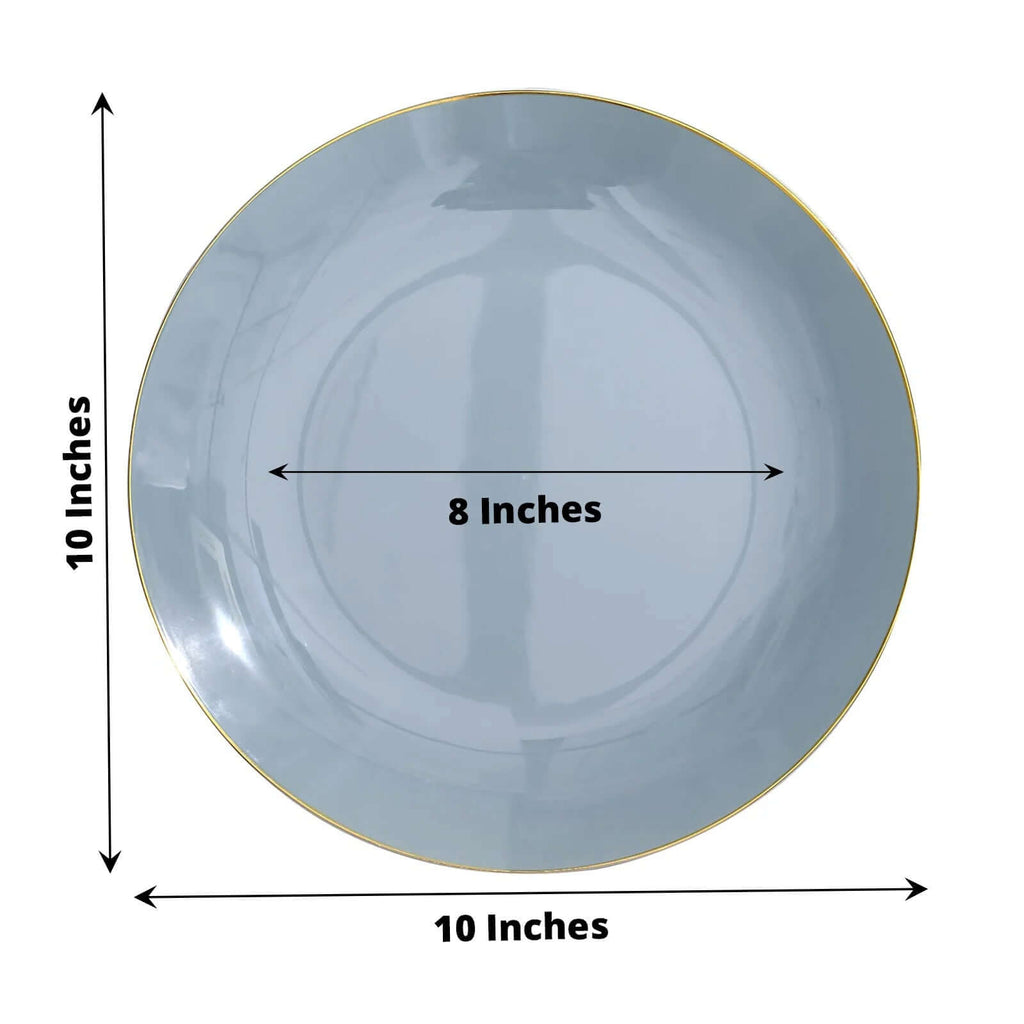10-Pack Plastic 10" Round Dinner Plates in Dusty Blue with Gold Rim - Glossy Disposable Party Plates