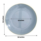 10-Pack Plastic 10" Round Dinner Plates in Dusty Blue with Gold Rim - Glossy Disposable Party Plates