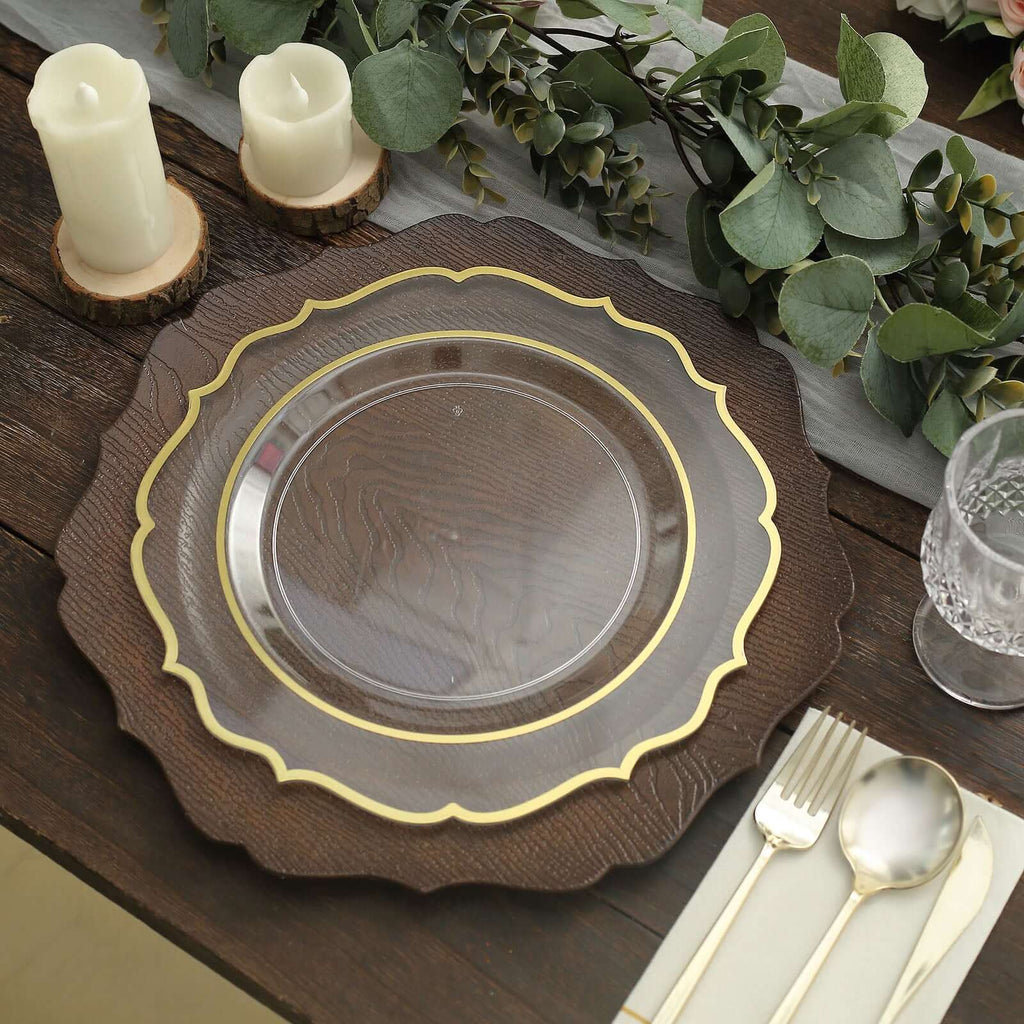 6-Pack Acrylic Round Charger Plates 13" in Rustic Brown with Wood Grain Scalloped Rim, Decorative Dinner Party Charger Tableware