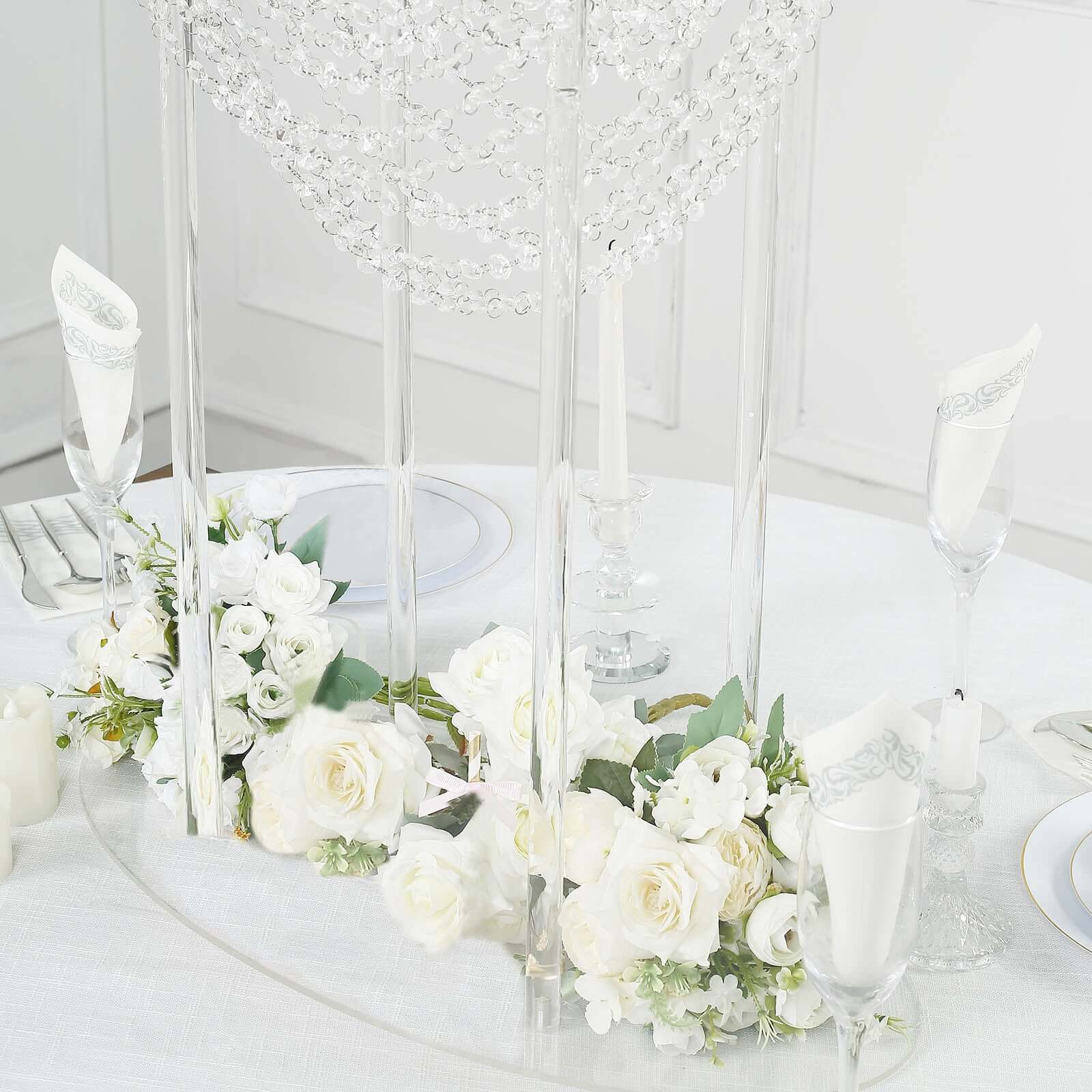 Acrylic Wedding Bouquet Pillar Centerpiece Crystal Chandelier Design - Large Flower Arrangement Table Stand 32"