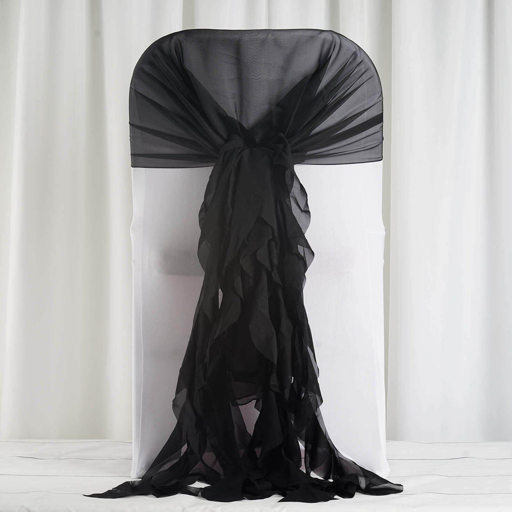 1 Set Chiffon Hoods Chair Sashes with Willow Ruffles Design Black - Stylish Decor for Weddings & Gatherings