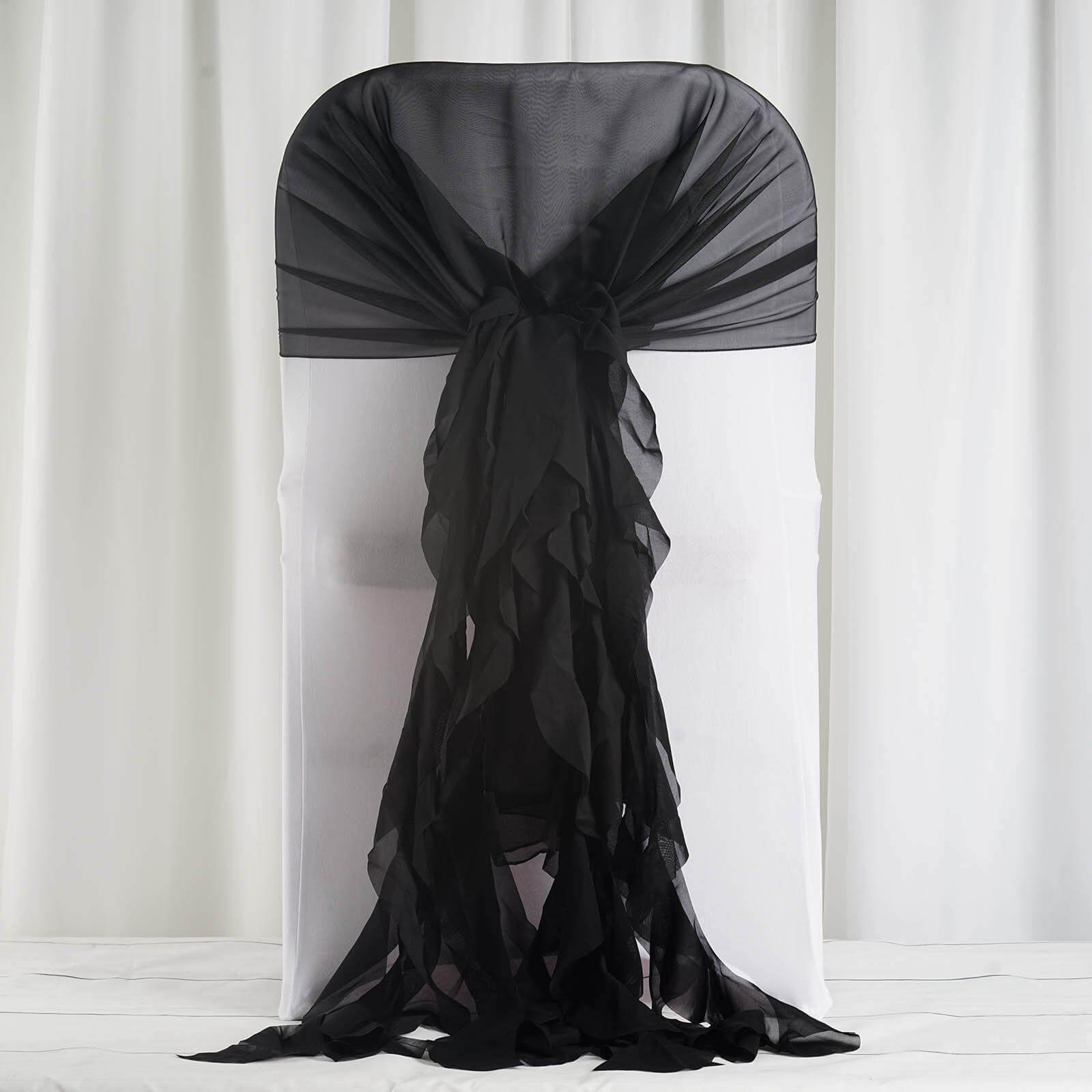 1 Set Chiffon Hoods Chair Sashes with Willow Ruffles Design Black - Stylish Decor for Weddings & Gatherings