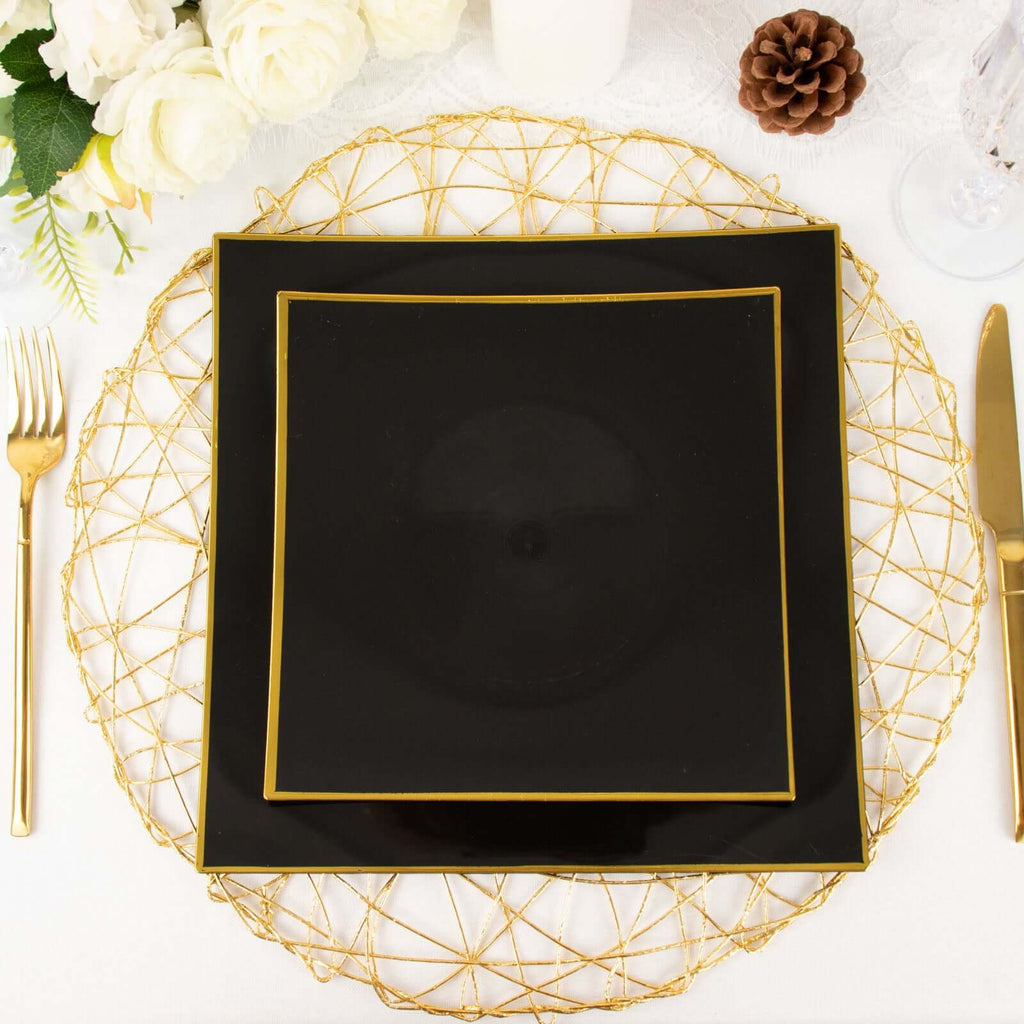 10-Pack Plastic 8" Square Dessert Plates in Black Concave Style with Gold Rim - Modern Disposable Salad Appetizer Party Plates