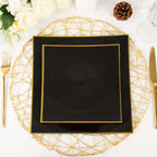 10-Pack Plastic 8" Square Dessert Plates in Black Concave Style with Gold Rim - Modern Disposable Salad Appetizer Party Plates