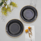 25-Pack Paper 8" Round Dessert Plates in Black Sunray Design with Gold Rim - Disposable Heavy Duty 350GSM Appetizer Salad Plates