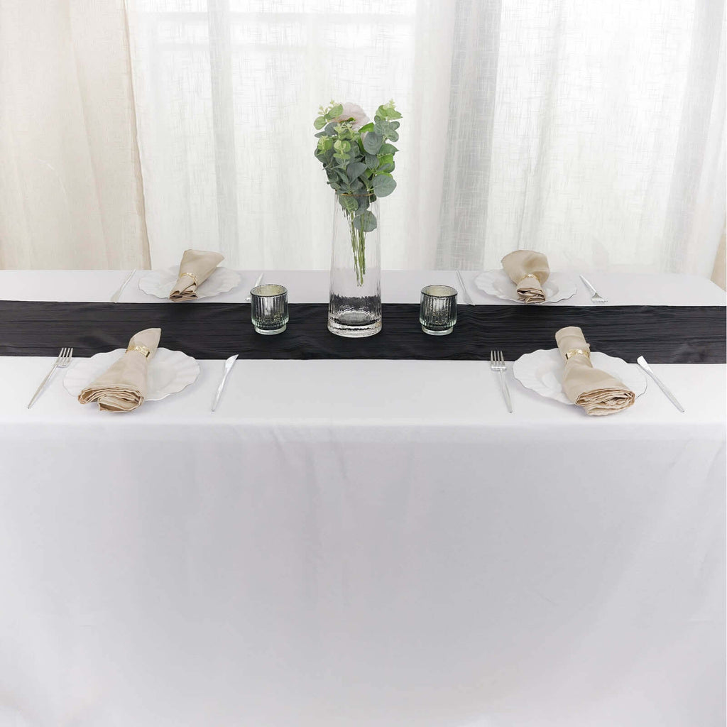 Taffeta 12"x108" Table Runner Black - Accordion Crinkle Design