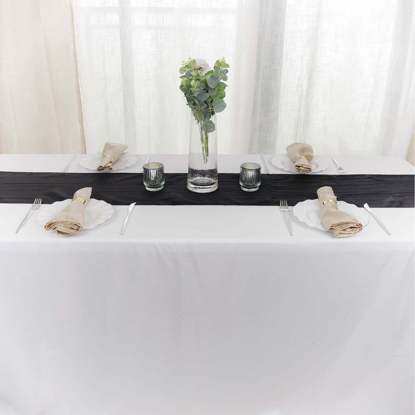 Taffeta 12"x108" Table Runner Black - Accordion Crinkle Design