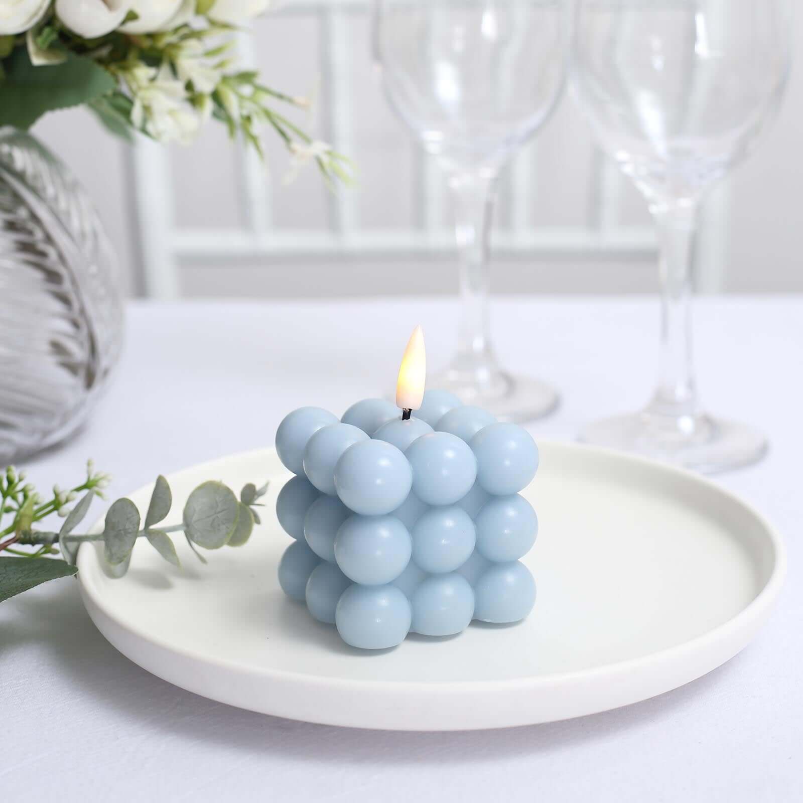 2-Pack LED Flameless Cube Candles Flickering Warm White Dusty Blue - Battery Operated Bubble Design 2"