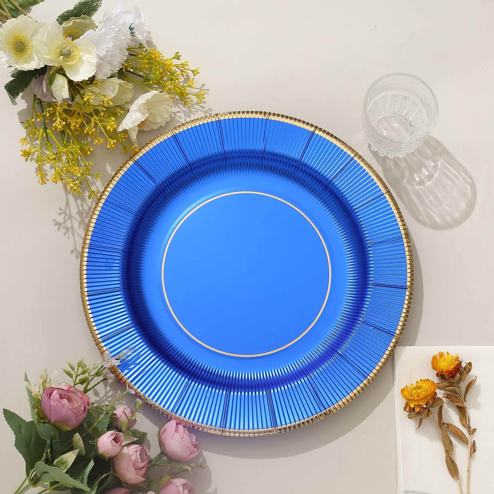 25-Pack Disposable Round Charger Plates in Royal Blue Sunray Design with Gold Rim - 350GSM Heavy Duty Paper Chargers 13"