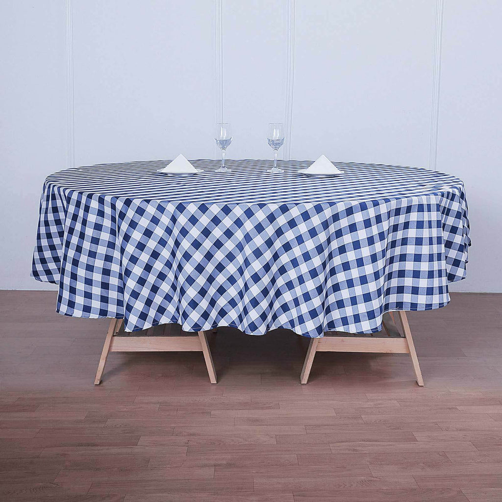 Polyester 108" Round Tablecloth White/Navy Blue - Checkered Buffalo Plaid Table Cover