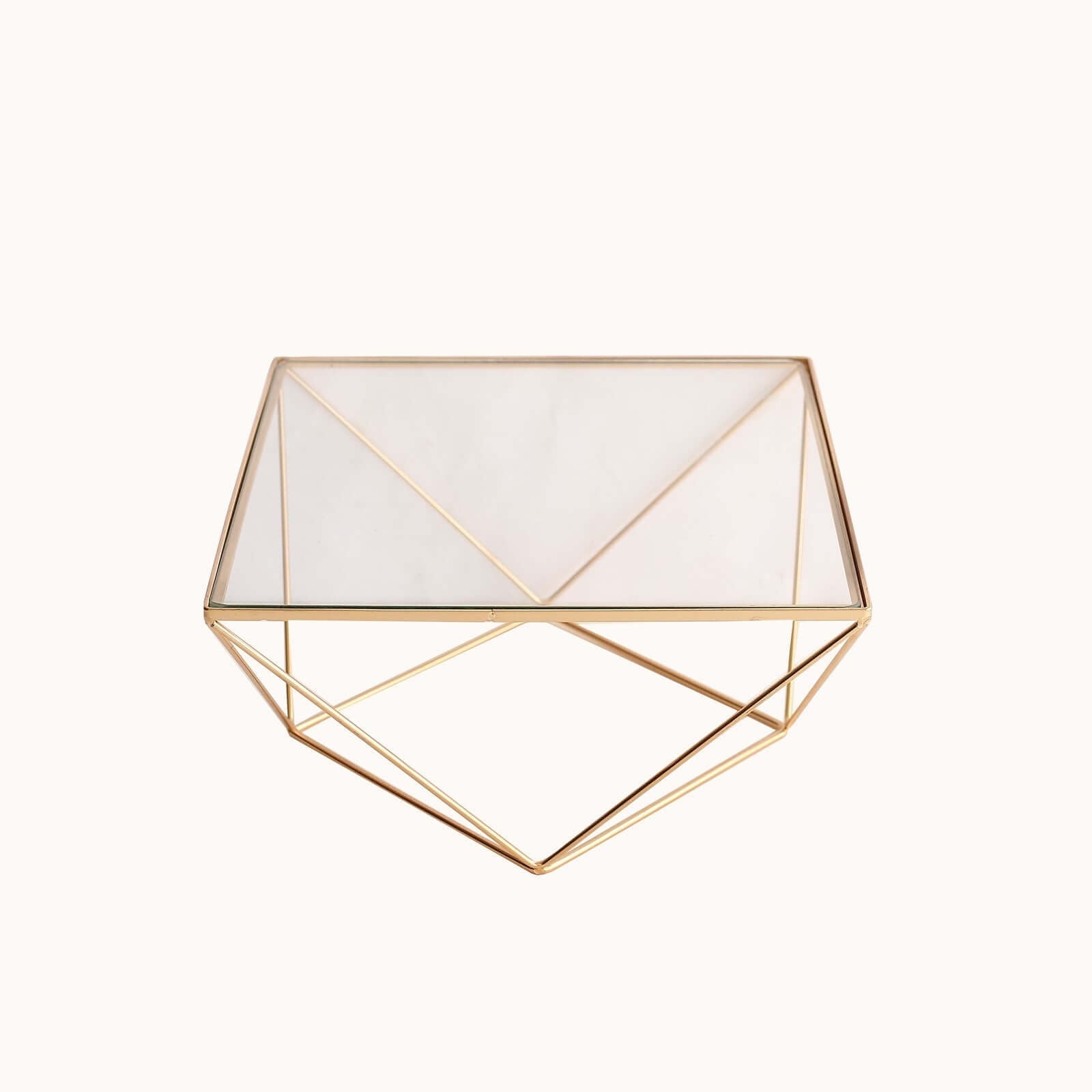 Metal Cake Stand Geometric Pedestal Riser Design Gold with Square Glass Top - Display Centerpiece 12"