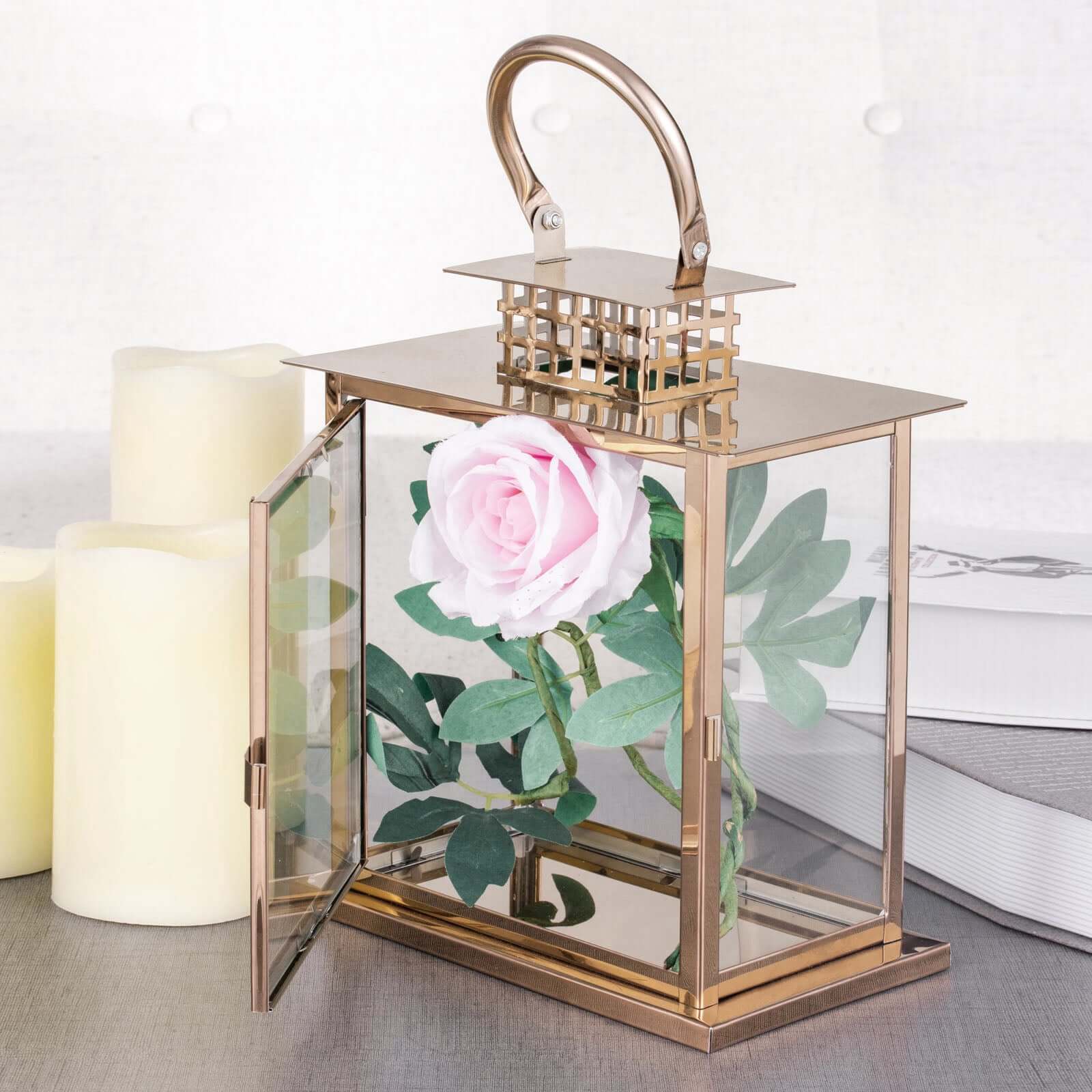 Stainless Steel Candle Lantern Cage Top Design Rose Gold - Outdoor Metal Patio Lantern Centerpiece 10"