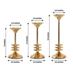 Set of 3 Taper Candlestick Holders Gold Metal with 3 Disk Pedestal Design - Decorative Centerpieces 9", 11", 13"