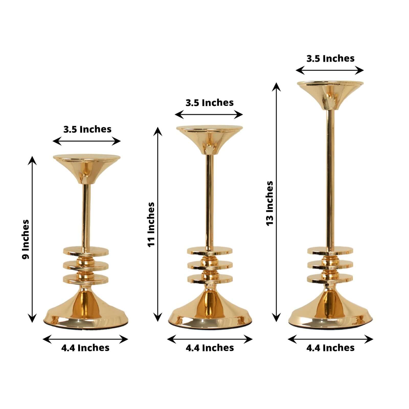 Set of 3 Taper Candlestick Holders Gold Metal with 3 Disk Pedestal Design - Decorative Centerpieces 9", 11", 13"