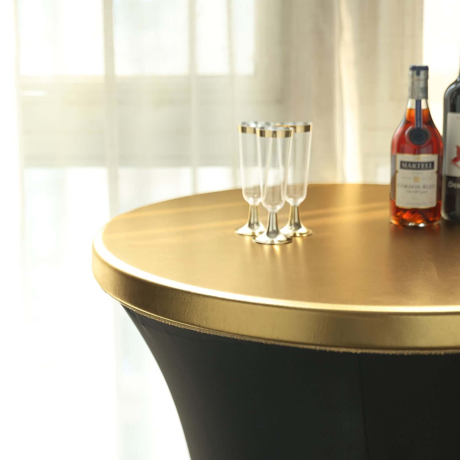 Spandex Cocktail Table Top Cover Fitted Metallic Gold - Stretchy & Wrinkle Free Topper for Weddings & Events