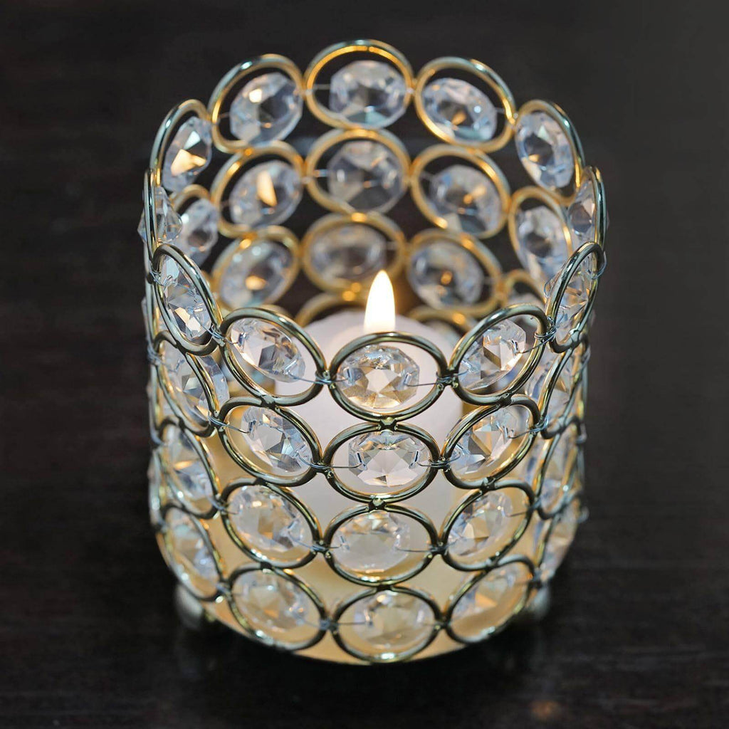 Crystal Beaded Metal Votive Tealight Holder Gold - Stylish Multipurpose Table Vase for Decor 4"
